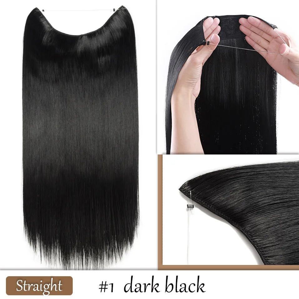 HAIRRO No Clip Wave Hair Extensions Pure Color Synthetic Natural Black Blonde One Piece False Hairpiece Fish Line Fake Hair